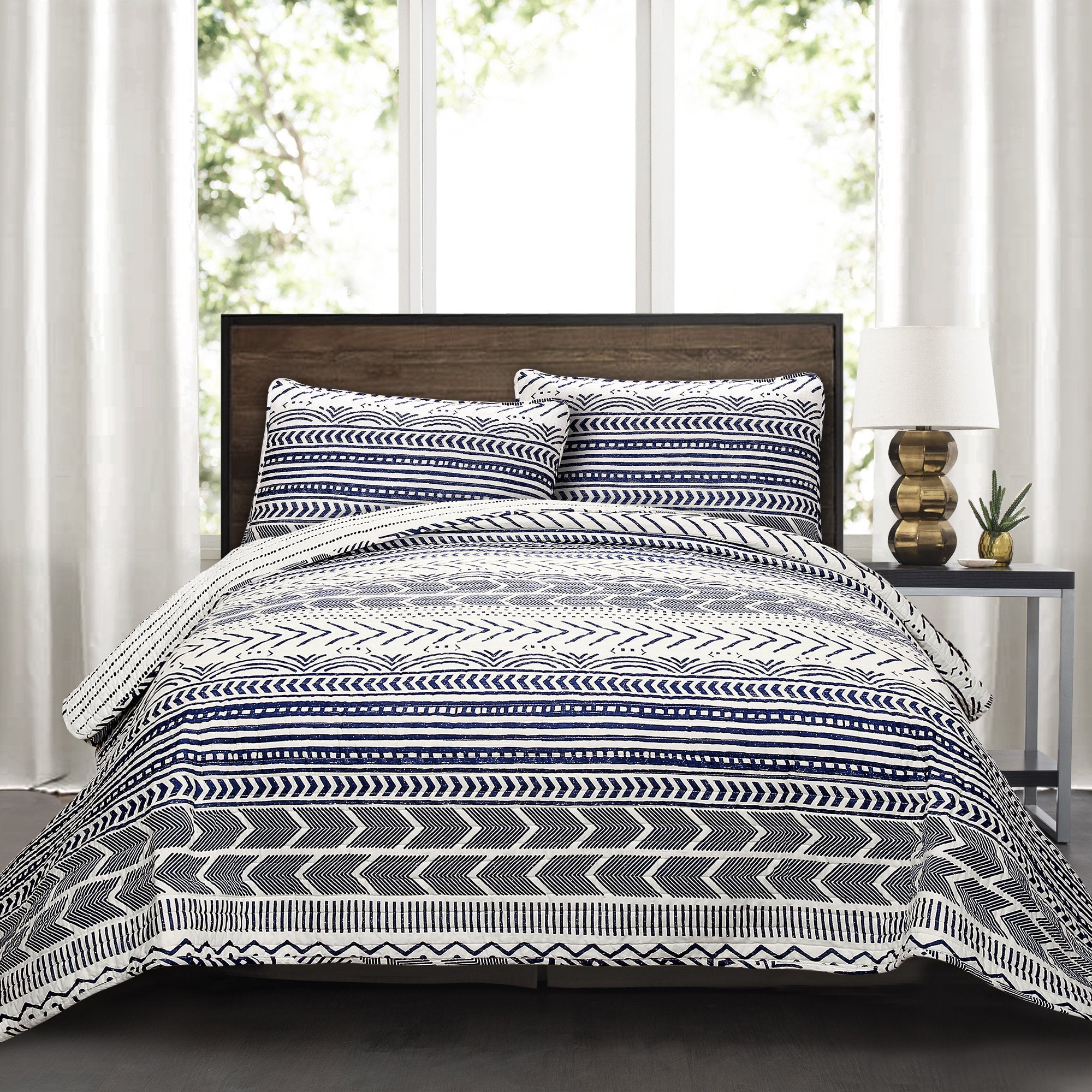 Lush Decor Hygge Geo Pattern Striped 3 Piece Quilt Bedding Set, Full/Queen, Navy & White
